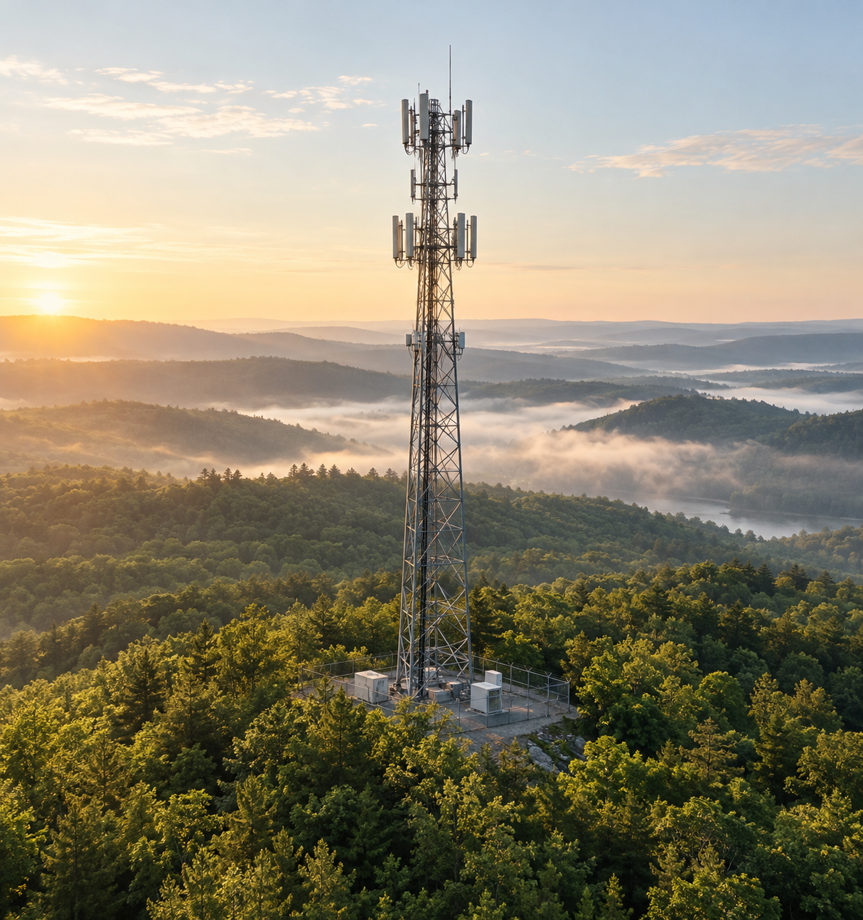 AI-generated cellular tower in a forested mountain landscape