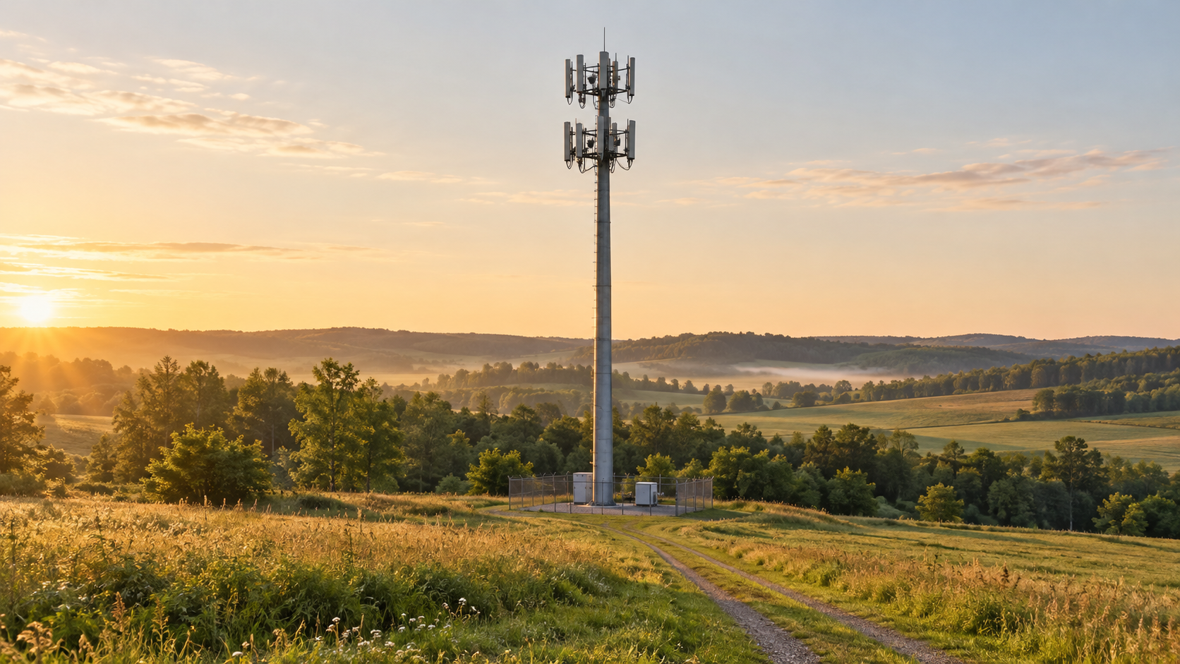 AI-generated cellular monopole on rolling farmland at sunrise